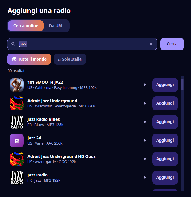 La finestra per aggiungere una radio, con la ricerca online e i risultati