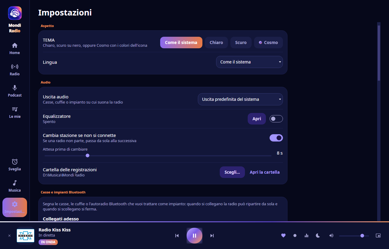 La pagina Impostazioni con le sezioni Aspetto, Audio e Bluetooth