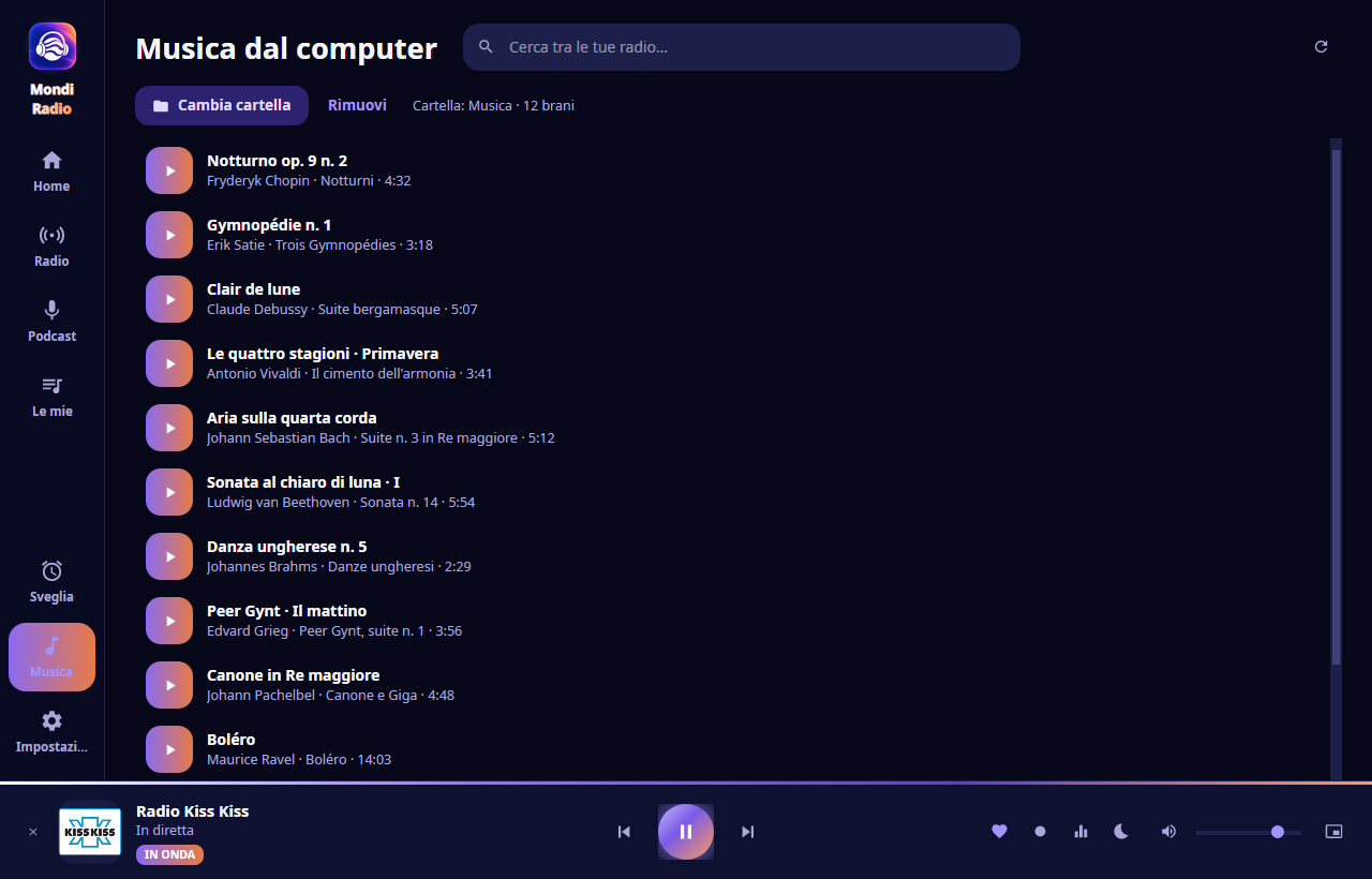 La pagina Musica dal computer con l'elenco dei brani