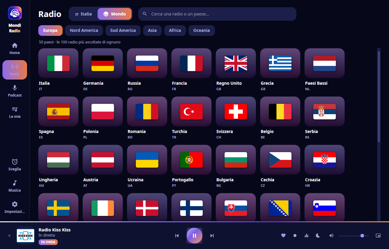 La pagina Radio con i continenti e i paesi.