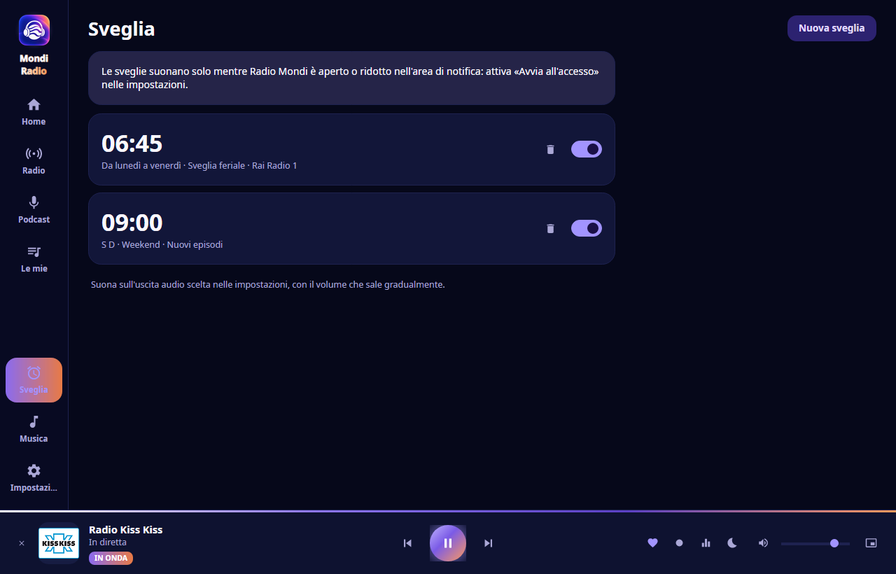 La pagina Sveglia con due sveglie impostate.